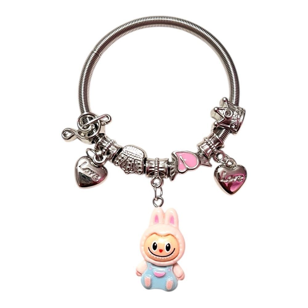 🤯5/$25🤯 Stretchy Pink Labubu Love Heart Crown Note Silver Child’s Charm Bracelet